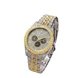 Hand-Studded Diamonds Analog Gold Silver Two Tone Round Diamond Chronograph Watch For Men