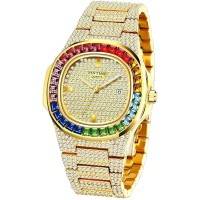 Roman Numeral Gold Plated Metal Nylon Link Analog Display Hand Studded HPHT Diamonds Watch For Women