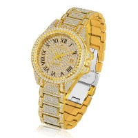 Hand-Studded Diamonds Gold Plated Latest Dial Premium Luxury Design Stainless Steel Strap Analog Party Watch For Men