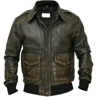 Vintage Solid Distressed Brown Cowhide Leather Aviator Bomber Flight Men Jacket