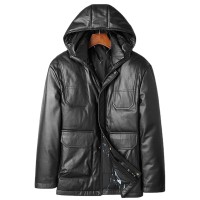 Fashion Men Coat Jacket Genuine Sheep Leather Real Fur Collar Jackets Hooded Winter Warm Coats